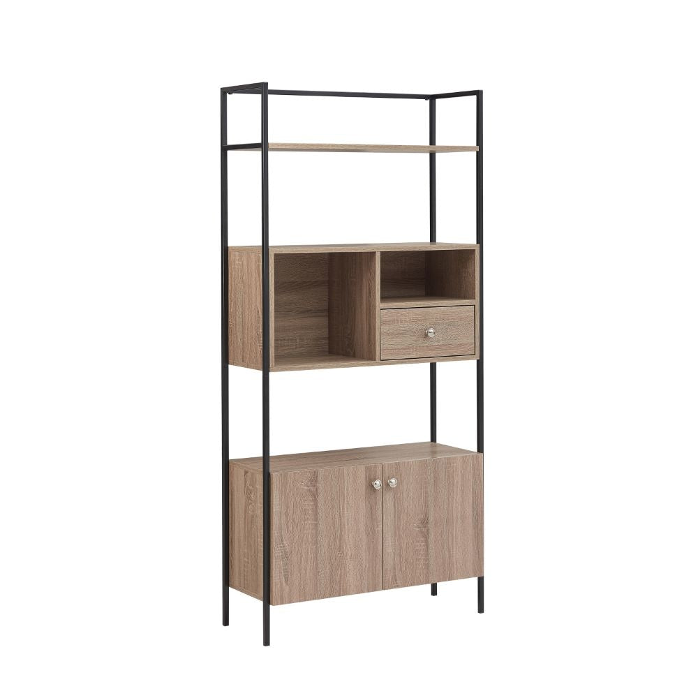 66 Inch 3 Tier Etagere Bookcase with Open Compartment Cabinet Black Metal Frame Light Natural Brown By The Urban Port UPT-294328