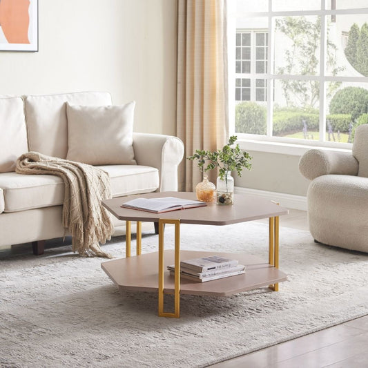 36 Inch Hexagonal Modern Coffee Table, Wood Top and Shelf, Gold Metal Legs By The Urban Port