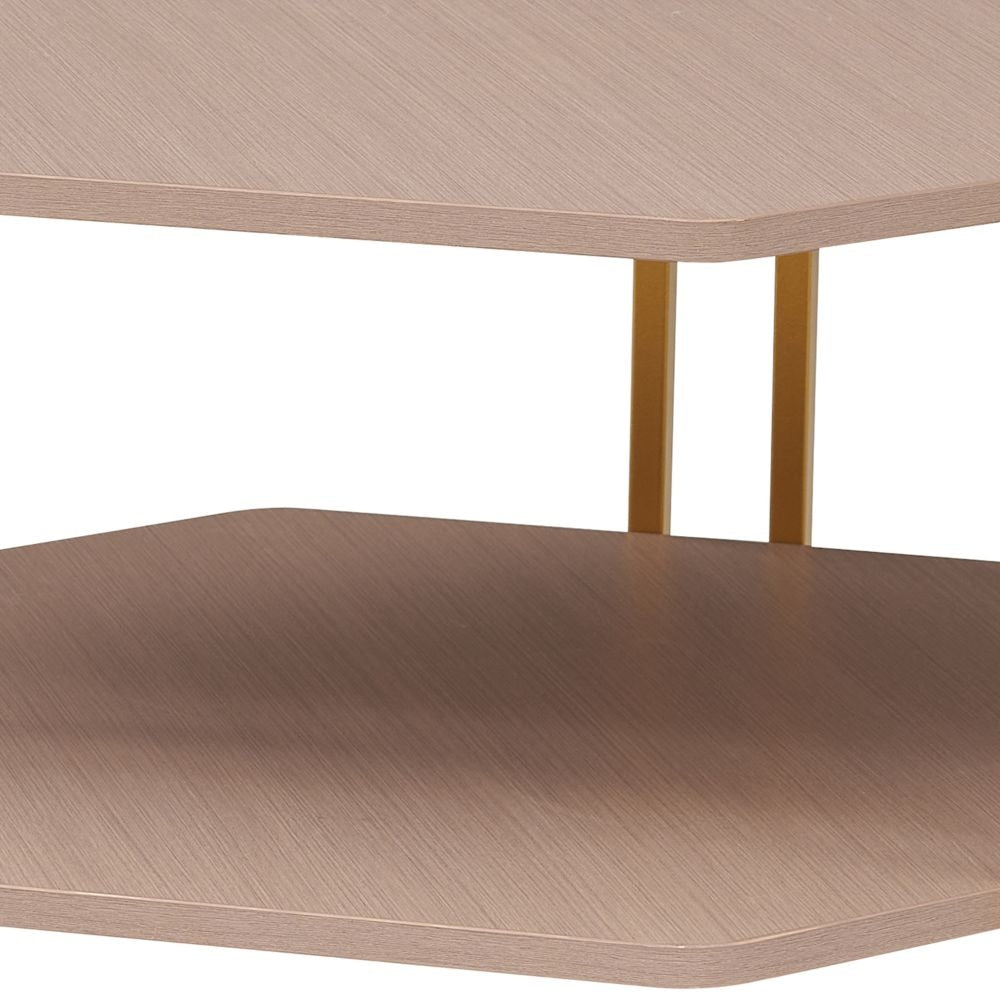 36 Inch Hexagonal Modern Coffee Table Wood Top and Shelf Gold Metal Legs By The Urban Port UPT-294329