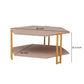 36 Inch Hexagonal Modern Coffee Table Wood Top and Shelf Gold Metal Legs By The Urban Port UPT-294329