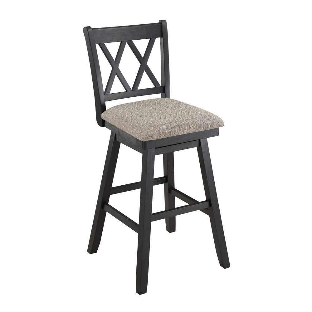 Jasmine 29 Inch Handcrafted Rustic 360 Degree Swivel Barstool Chair Crossed Black Wood Frame Gray Seat Cushion By The Urban Port UPT-295408