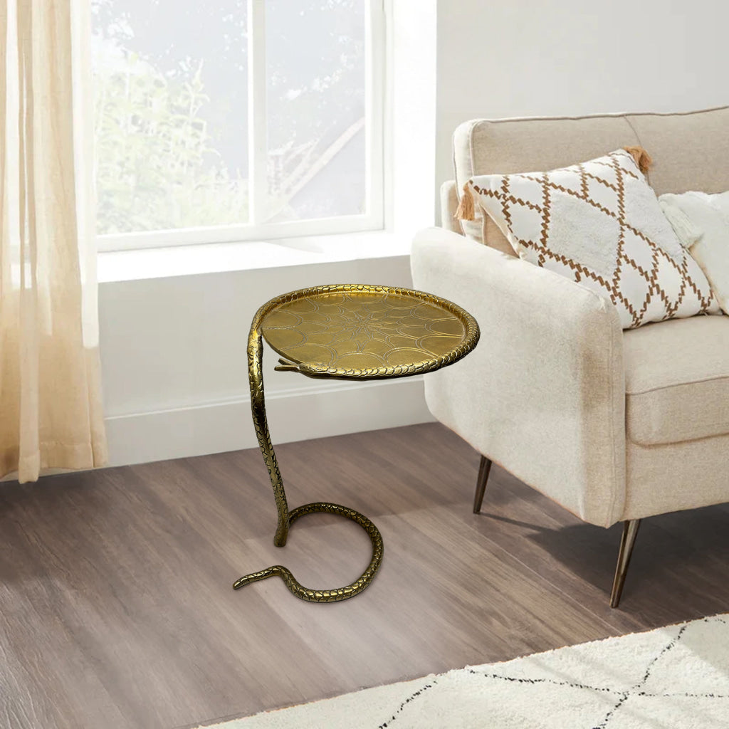 22 Inch Side End Table Handcrafted Textured Snake Skin Pattern Base Brass Aluminum The Urban Port UPT-295598