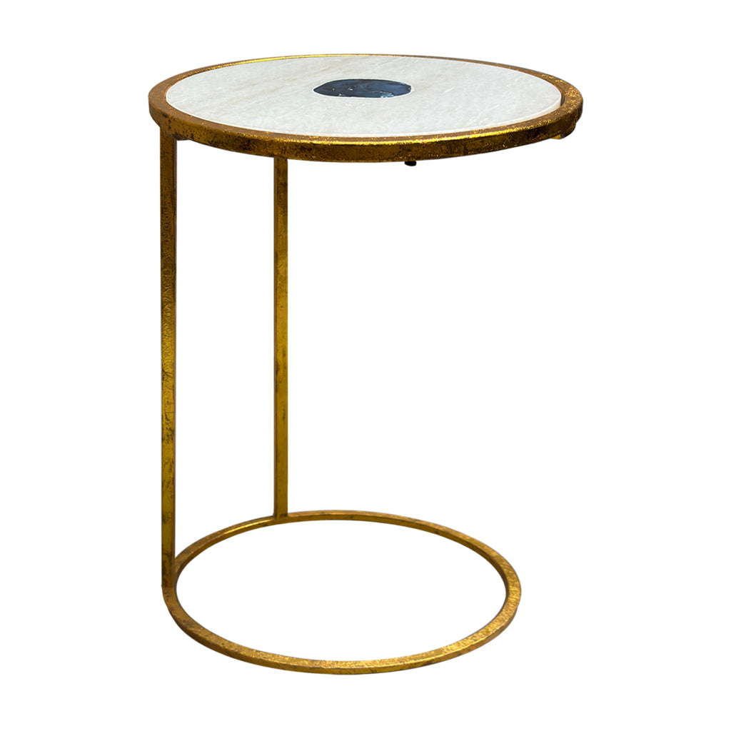 20 Inch Round Side End Table White Marble Top with Blue Agate Stone Inlay Gold Foil Finish Iron Frame The Urban Port UPT-295599