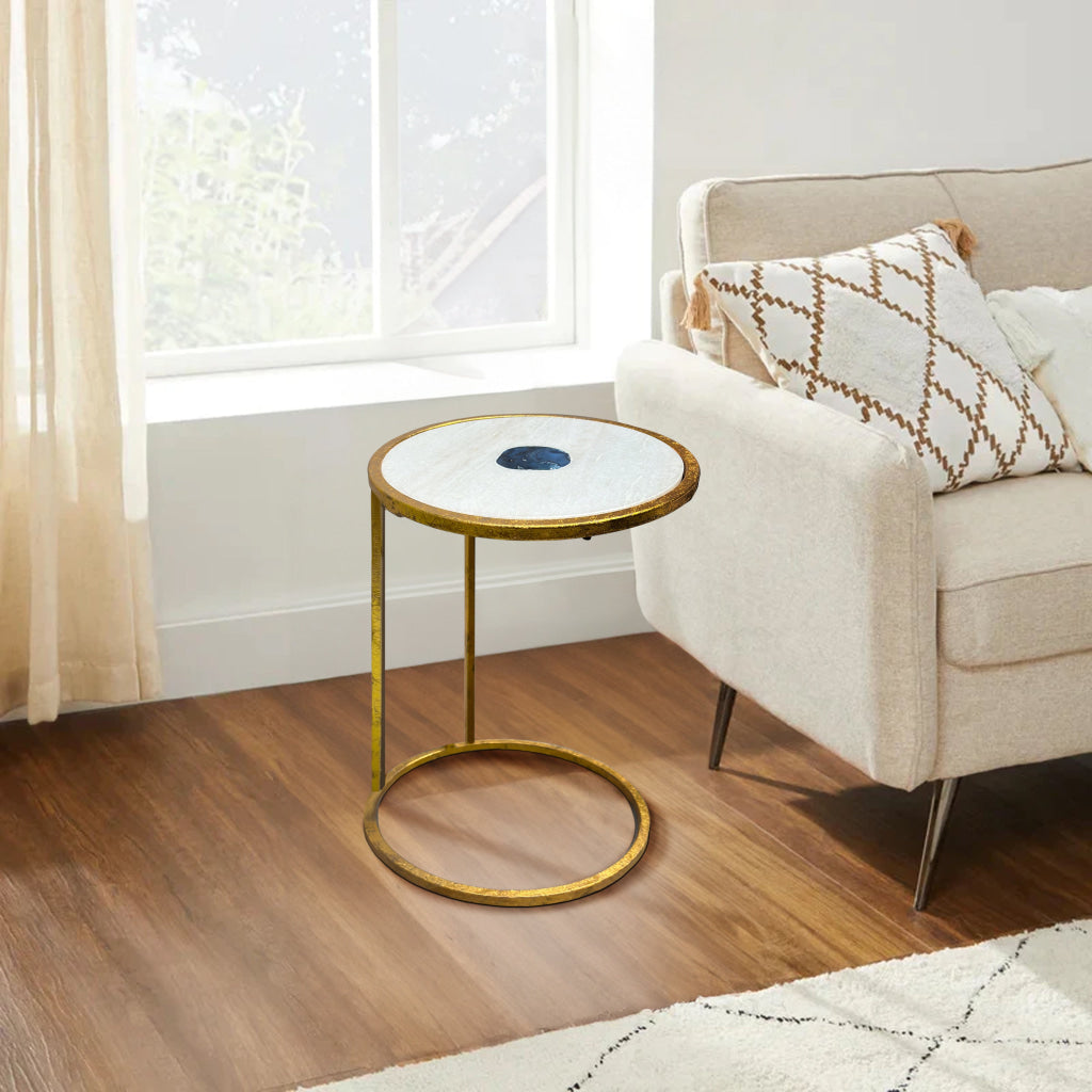 20 Inch Round Side End Table White Marble Top with Blue Agate Stone Inlay Gold Foil Finish Iron Frame The Urban Port UPT-295599