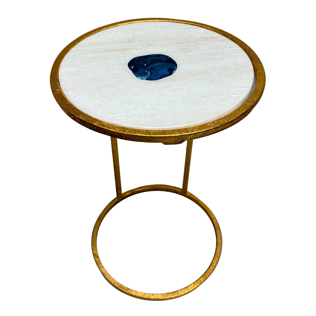 20 Inch Round Side End Table White Marble Top with Blue Agate Stone Inlay Gold Foil Finish Iron Frame The Urban Port UPT-295599