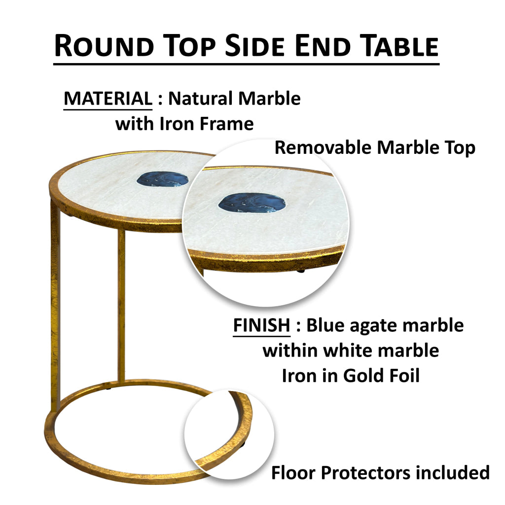 20 Inch Round Side End Table White Marble Top with Blue Agate Stone Inlay Gold Foil Finish Iron Frame The Urban Port UPT-295599