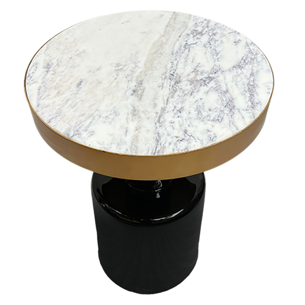 20 Inch Round Side End Table Gold Banded Natural White Marble Top Black Enamel Coated Iron Pedestal Base The Urban Port UPT-295600