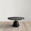 Fawn 32 Inch Coffee Table Black Mango Wood Round Top Modern Tapered Pedestal Base Shiny Brass Support The Urban Port UPT-295601