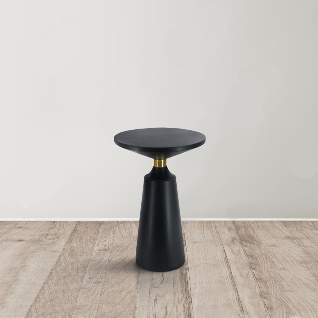 Fawn 20 Inch Side End Table Black Mango Wood Round Top with Pedestal Base Shiny Brass Support The Urban Port UPT-295602