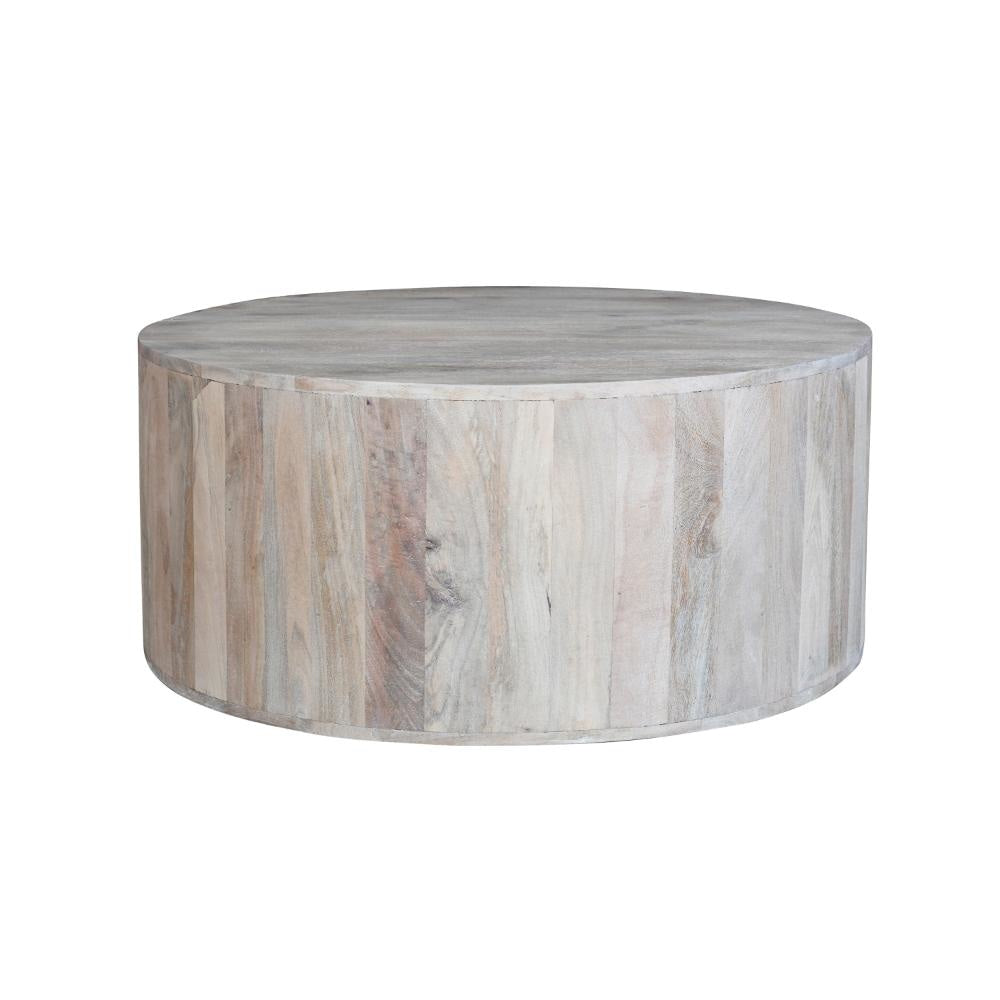 36 Inch Coffee Table Handcrafted Drum Shape Sandblasted Washed White Mango Wood The Urban Port UPT-296150