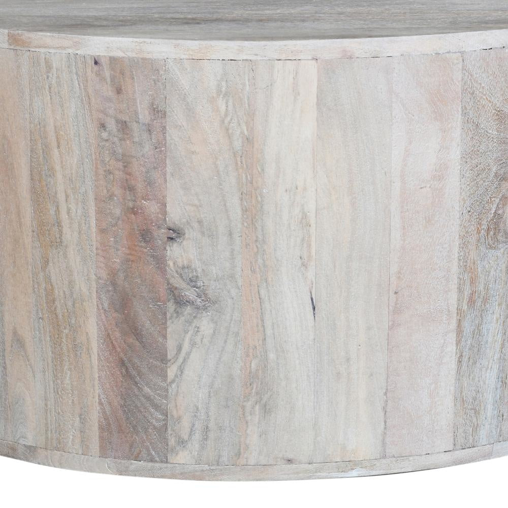 36 Inch Coffee Table Handcrafted Drum Shape Sandblasted Washed White Mango Wood The Urban Port UPT-296150