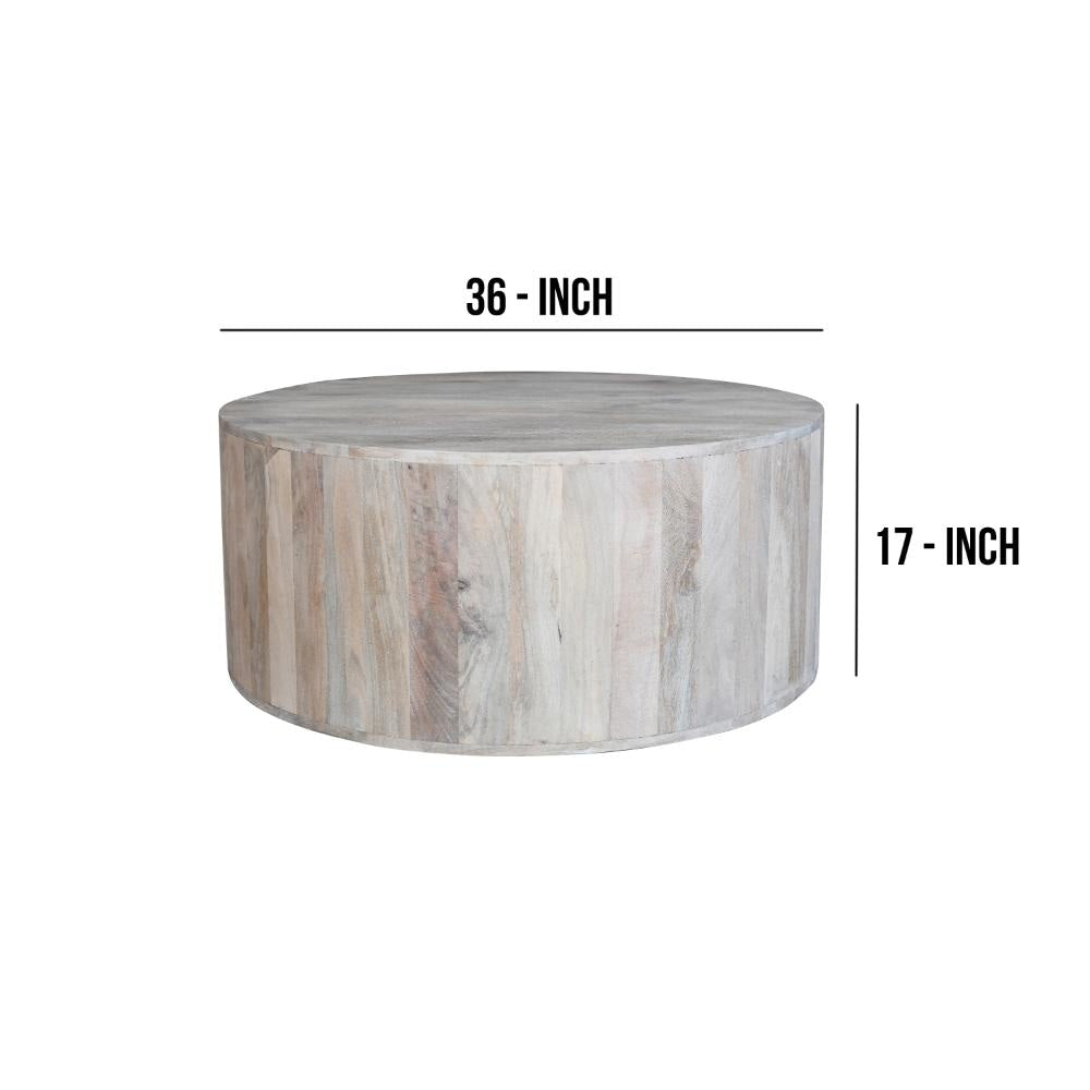 36 Inch Coffee Table Handcrafted Drum Shape Sandblasted Washed White Mango Wood The Urban Port UPT-296150