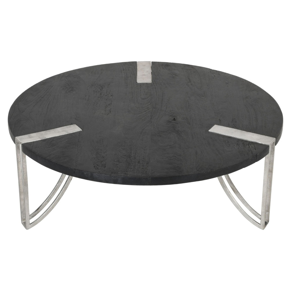 35 Inch Round Coffee Table Sandblasted Matte Black Mango Wood Top Curved Aluminium Legs Antique Silver The Urban Port UPT-296153