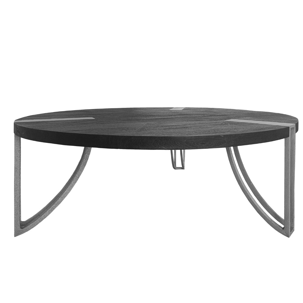 35 Inch Round Coffee Table Sandblasted Matte Black Mango Wood Top Curved Aluminium Legs Antique Silver The Urban Port UPT-296153