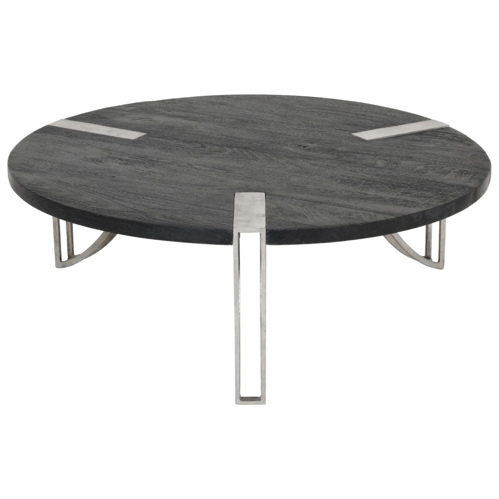 35 Inch Round Coffee Table Sandblasted Matte Black Mango Wood Top Curved Aluminium Legs Antique Silver The Urban Port UPT-296153