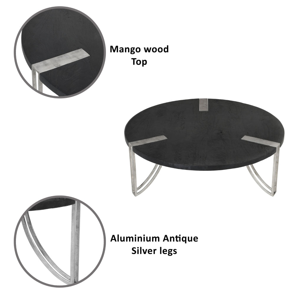 35 Inch Round Coffee Table Sandblasted Matte Black Mango Wood Top Curved Aluminium Legs Antique Silver The Urban Port UPT-296153