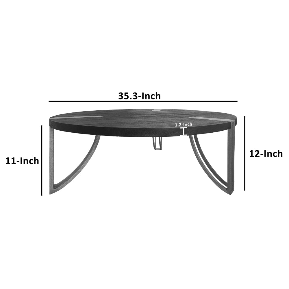 35 Inch Round Coffee Table Sandblasted Matte Black Mango Wood Top Curved Aluminium Legs Antique Silver The Urban Port UPT-296153