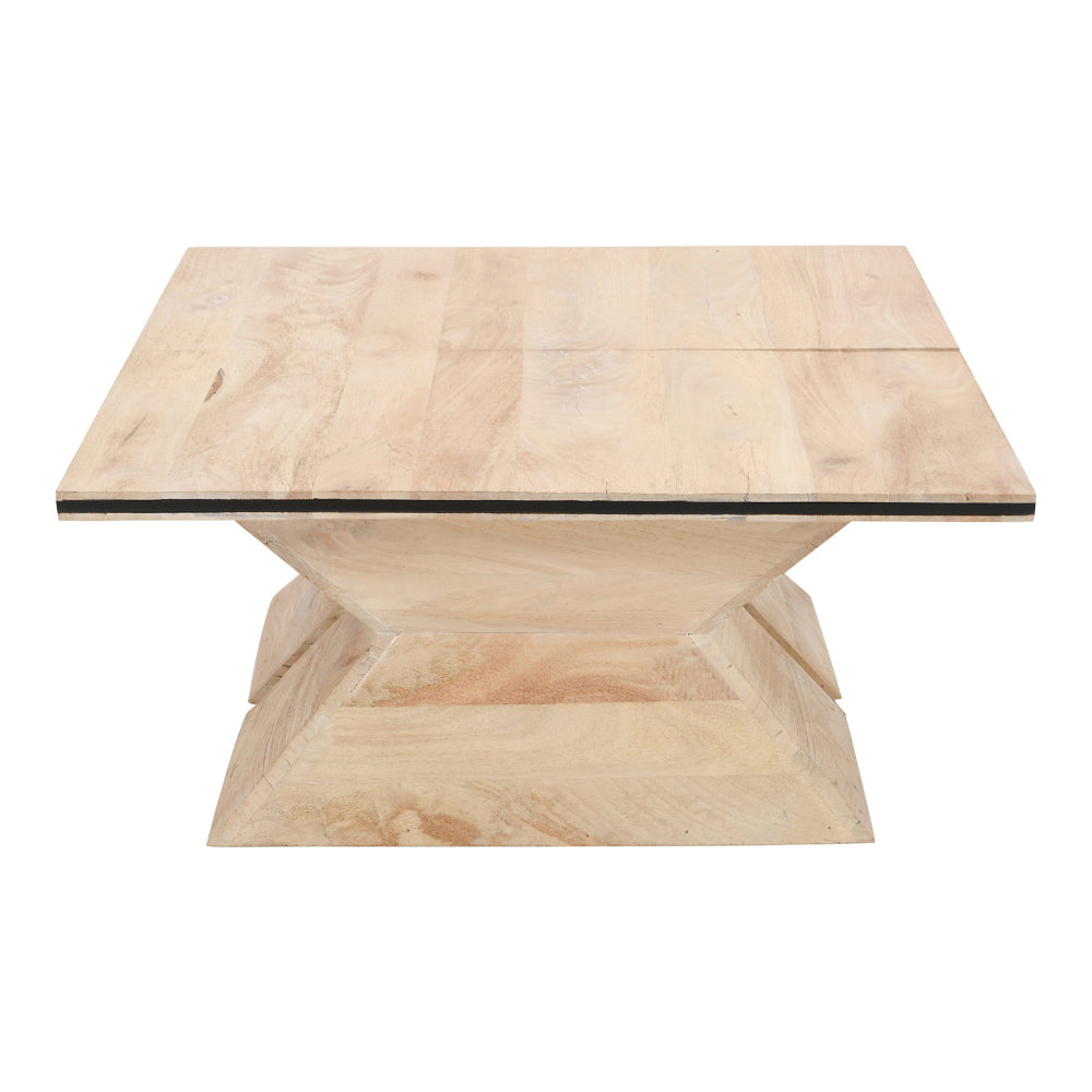 34 Inch Coffee Table Handcrafted 2 Piece Split Design with Hourglass Base White Washed Natural Mango Wood The Urban Port UPT-296155