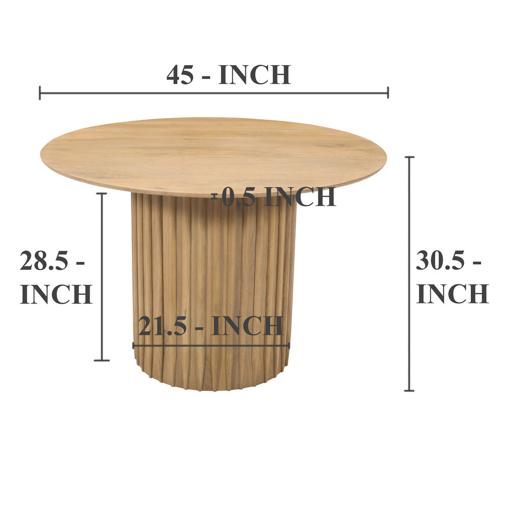 Sejo Dining Table 45 Inch Round Top with Fluted Padestal Base Natural Brown Mango Wood By The Urban Port UPT-296156