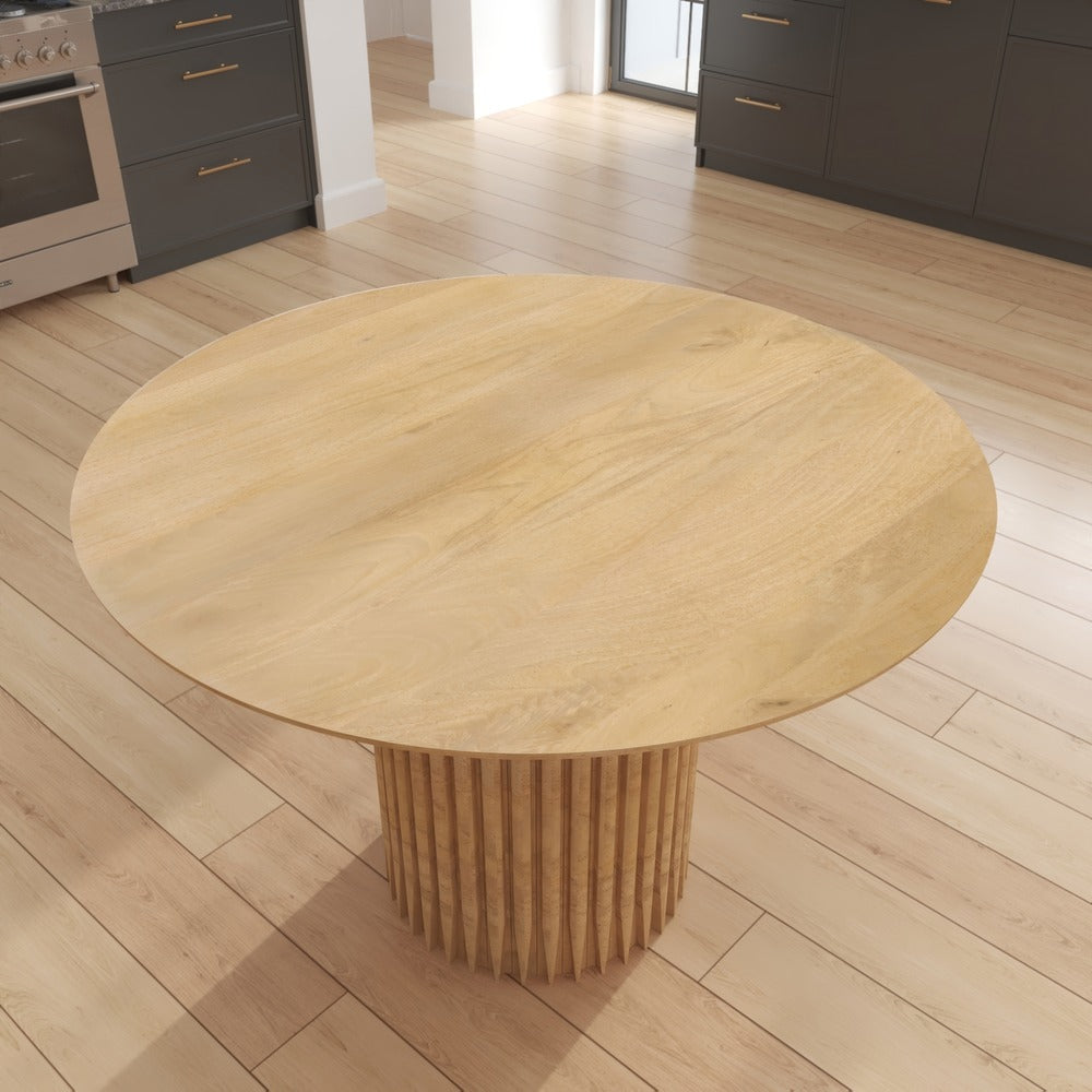 Sejo Dining Table 45 Inch Round Top with Fluted Padestal Base Natural Brown Mango Wood By The Urban Port UPT-296156