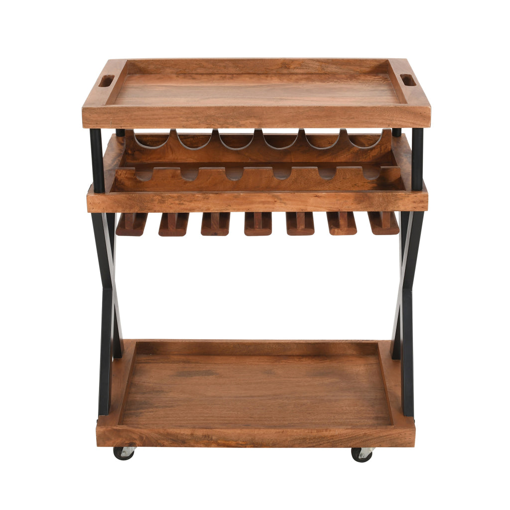 30 Inch Rolling Wine Bar Cart 2 Tray Tops Stemware Rack Bottle Holder Natural Brown Mango Wood The Urban Port UPT-296157