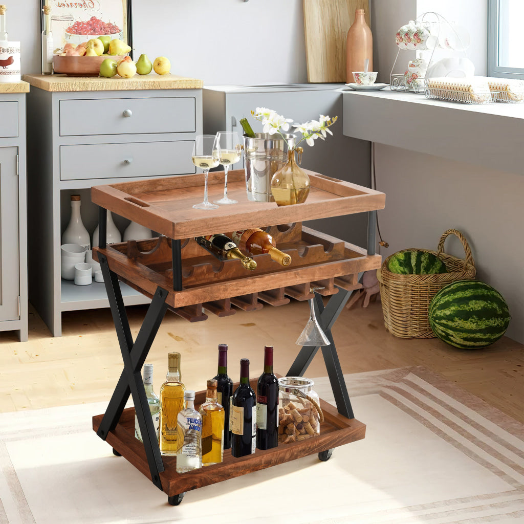 30 Inch Rolling Wine Bar Cart 2 Tray Tops Stemware Rack Bottle Holder Natural Brown Mango Wood The Urban Port UPT-296157