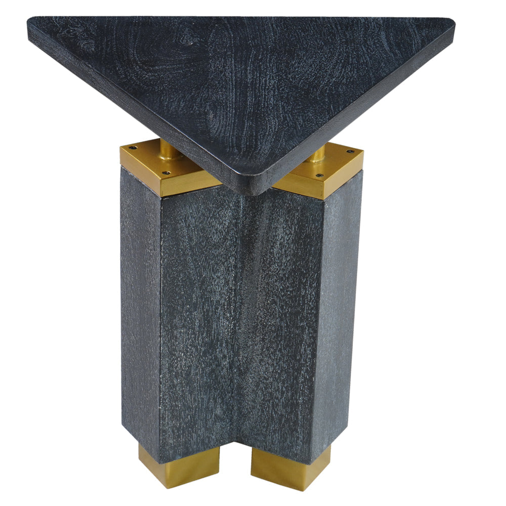 20 Inch Modern Side End Table Handcrafted Triangular Shape Gold Brass Trim Sandblasted Black By The Urban Port UPT-297333