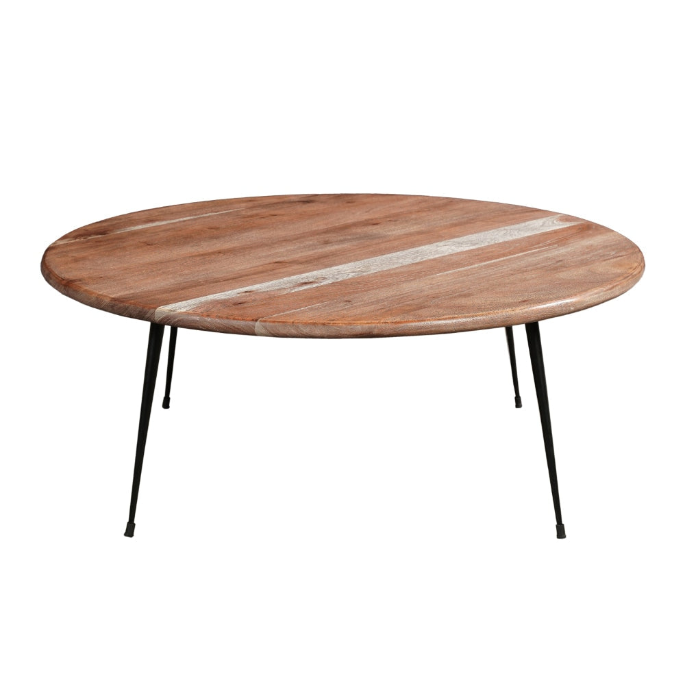 35 Inch Coffee Table Round Sandblasted Brown Acacia Wood Top Sleek Iron Legs The Urban Port UPT-297334