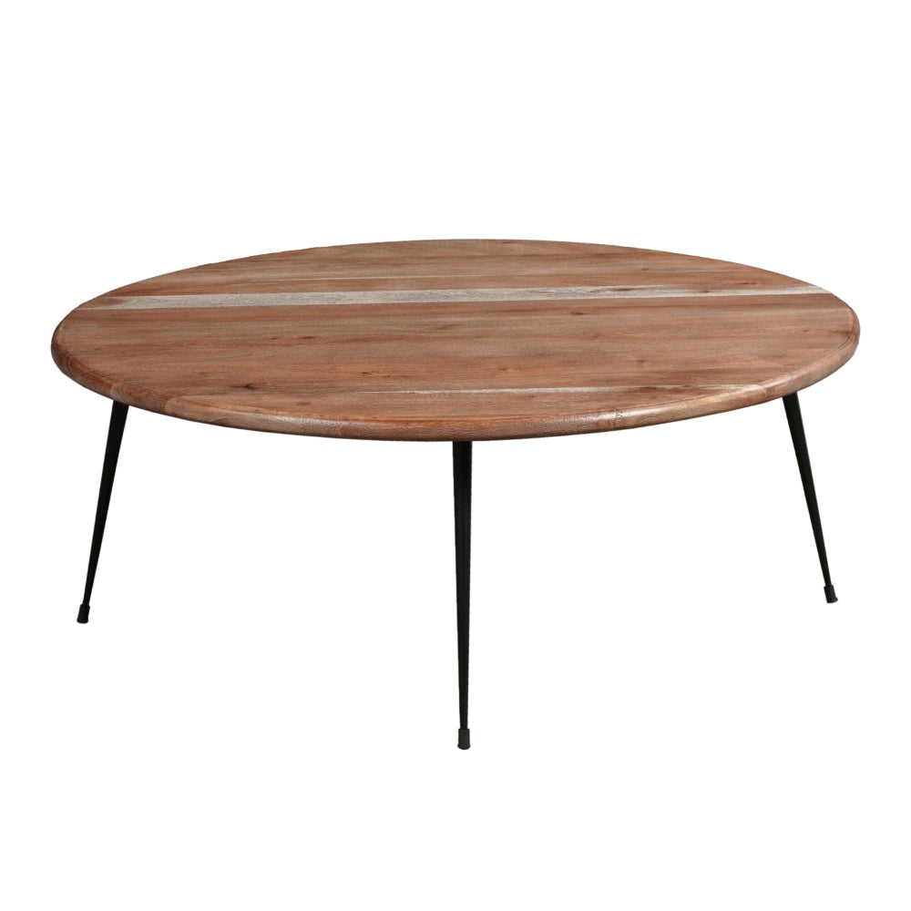 35 Inch Coffee Table Round Sandblasted Brown Acacia Wood Top Sleek Iron Legs The Urban Port UPT-297334