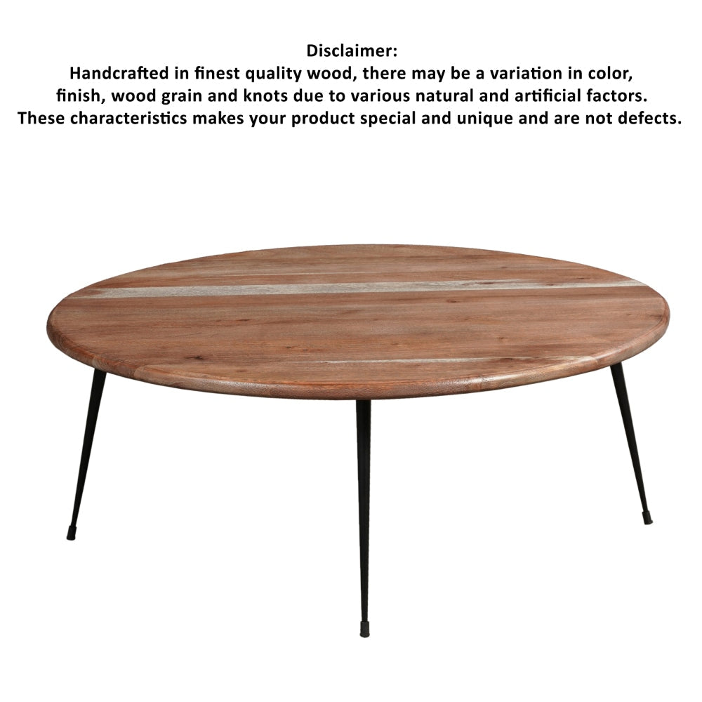 35 Inch Coffee Table Round Sandblasted Brown Acacia Wood Top Sleek Iron Legs The Urban Port UPT-297334