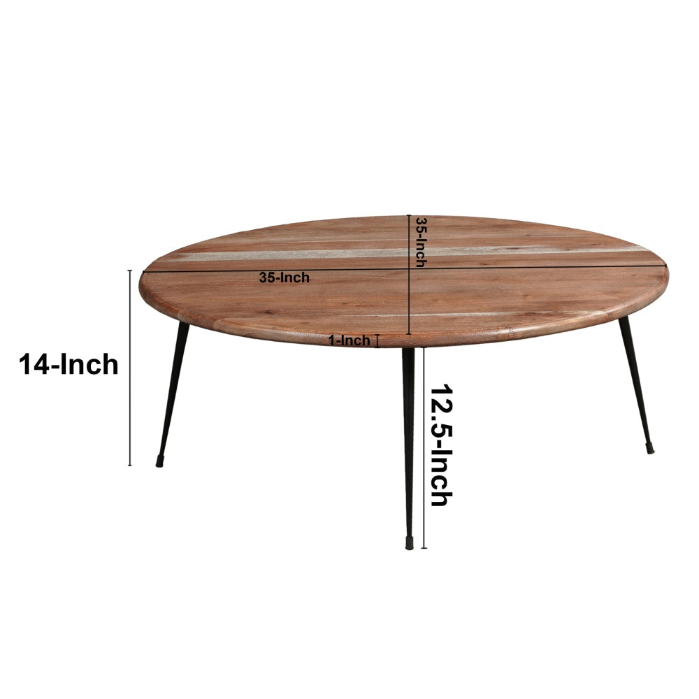 35 Inch Coffee Table Round Sandblasted Brown Acacia Wood Top Sleek Iron Legs The Urban Port UPT-297334