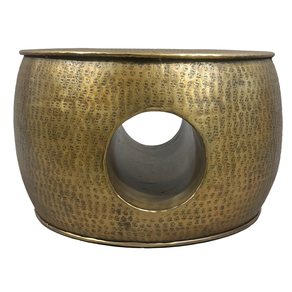 Nala 23 Inch Coffee Table Low Round Drum Shape with Unique Hollow Center Antique Brass Aluminum By The Urban Port UPT-298832