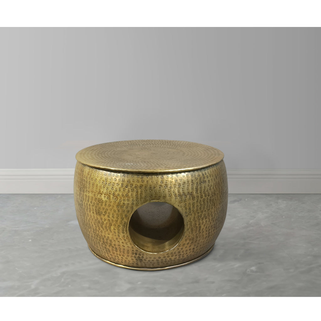 Nala 23 Inch Coffee Table Low Round Drum Shape with Unique Hollow Center Antique Brass Aluminum By The Urban Port UPT-298832