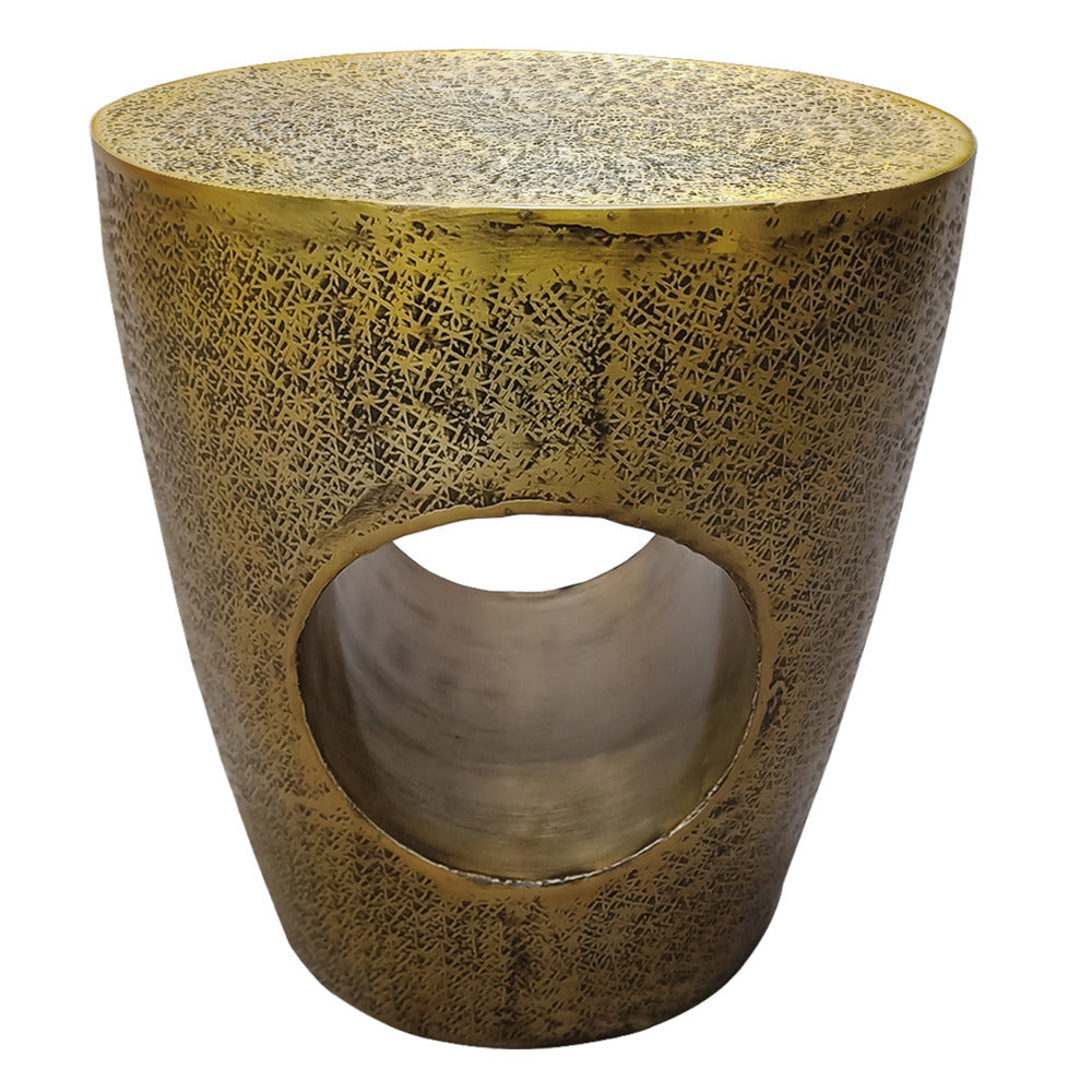 Nala 17 Inch Side End Table Tapered Drum Shape with Unique Hollow Center Antique Brass Aluminum By The Urban Port UPT-298833