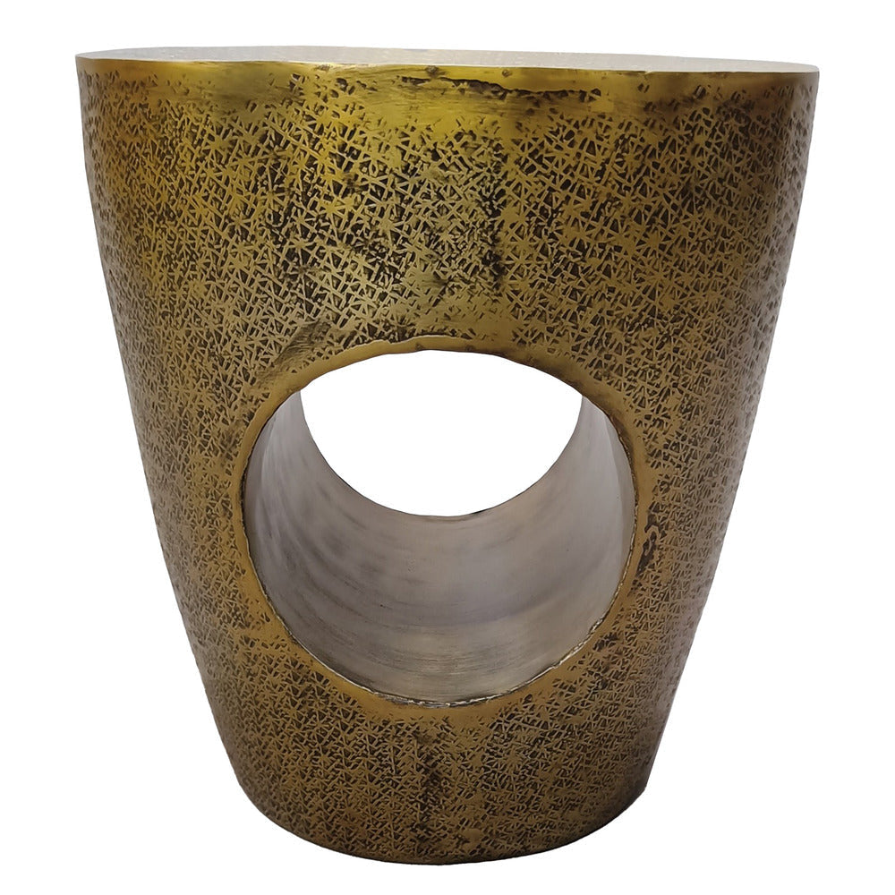 Nala 17 Inch Side End Table Tapered Drum Shape with Unique Hollow Center Antique Brass Aluminum By The Urban Port UPT-298833