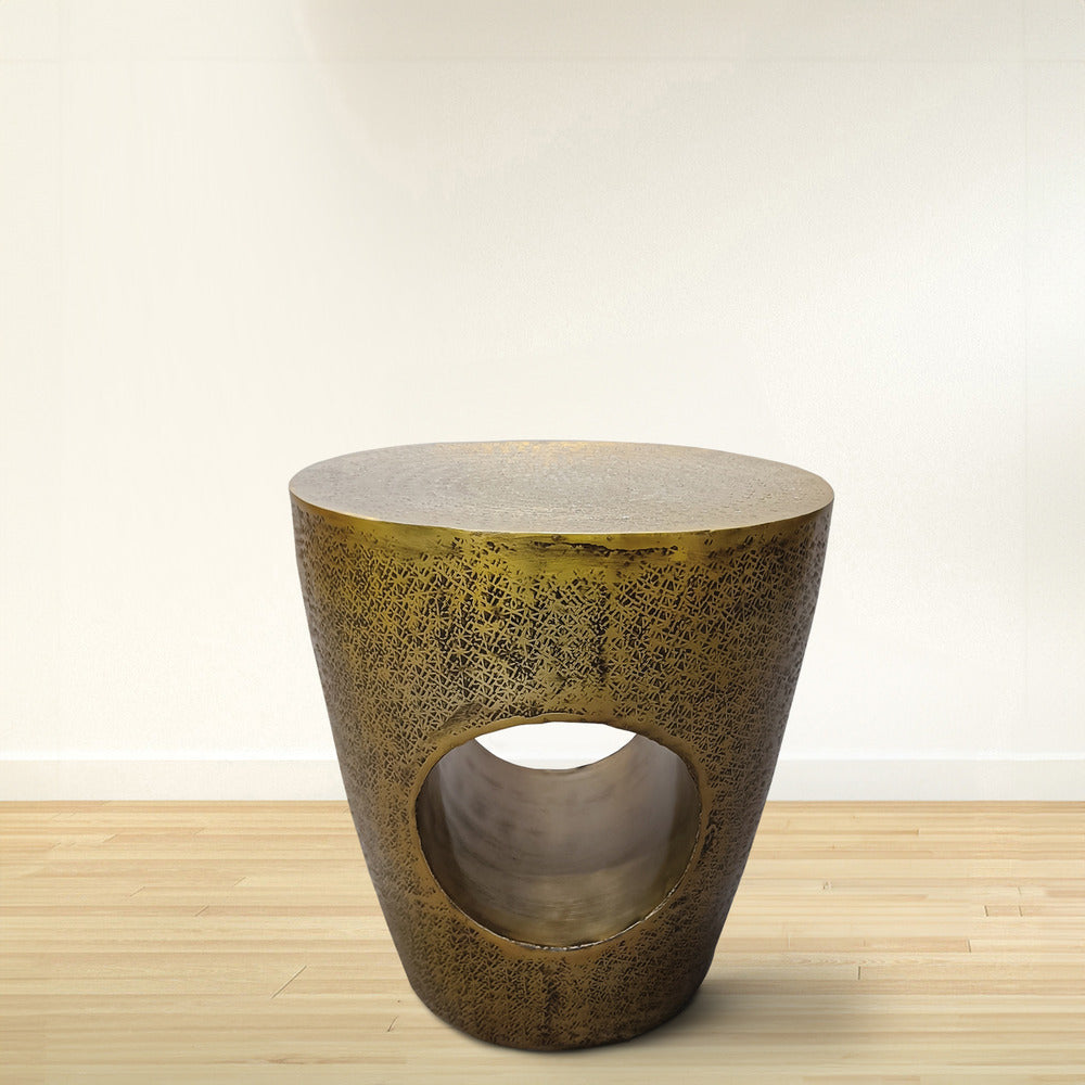 Nala 17 Inch Side End Table Tapered Drum Shape with Unique Hollow Center Antique Brass Aluminum By The Urban Port UPT-298833