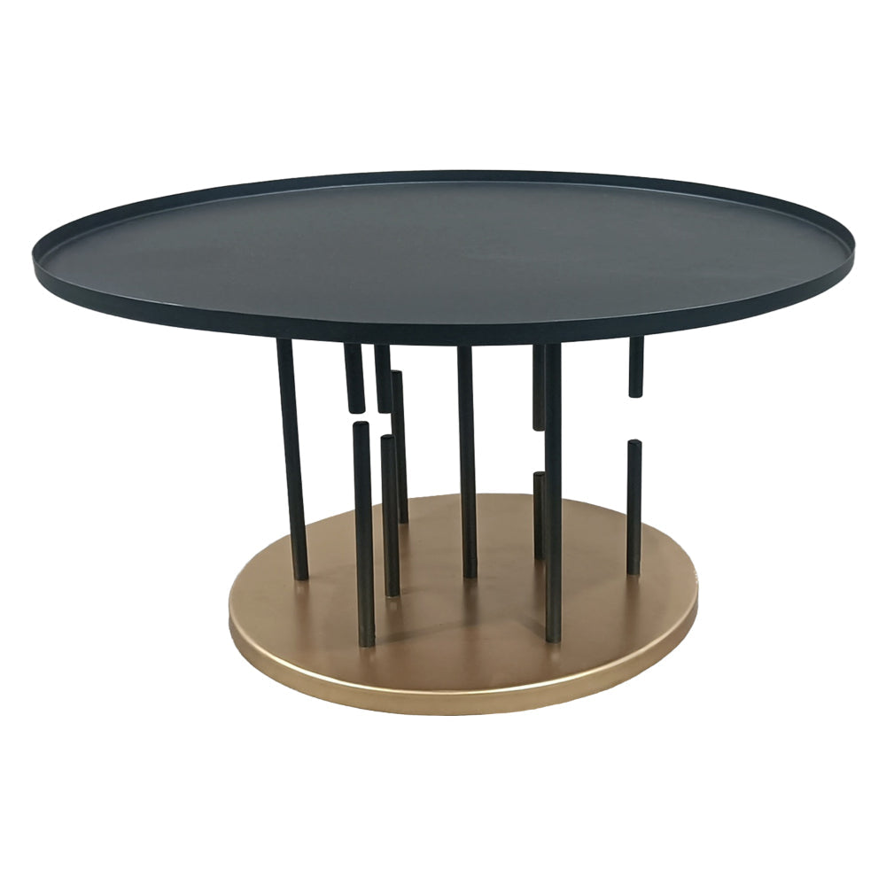 Neci 31 Inch Coffee Table Round Matte Black Tray Top Modern Rod Supports with Brass Base By The Urban Port UPT-298834