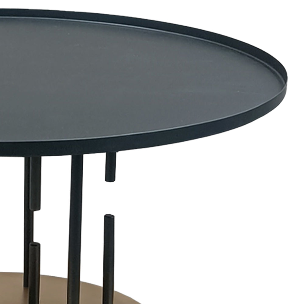 Neci 31 Inch Coffee Table Round Matte Black Tray Top Modern Rod Supports with Brass Base By The Urban Port UPT-298834