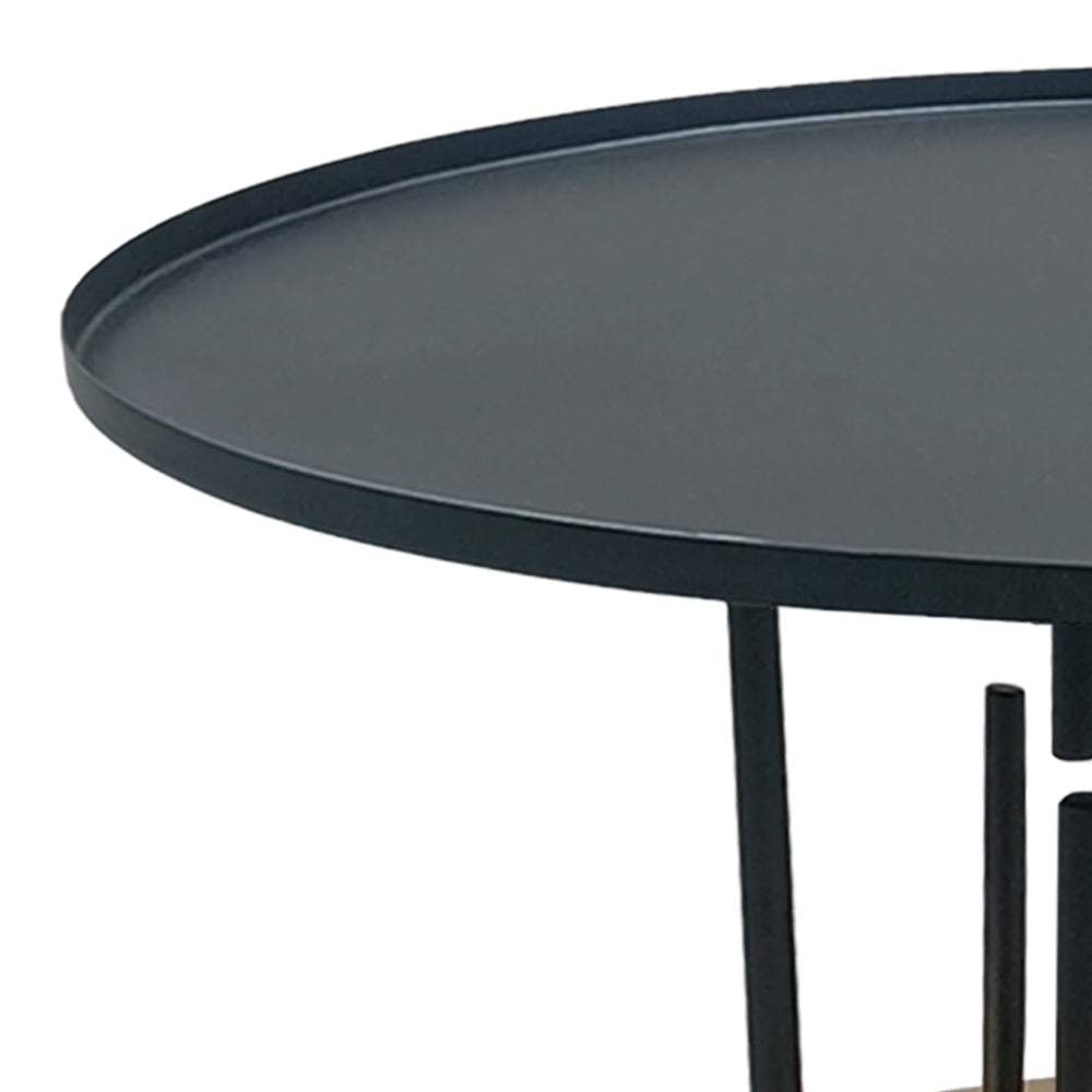 Neci 31 Inch Coffee Table Round Matte Black Tray Top Modern Rod Supports with Brass Base By The Urban Port UPT-298834