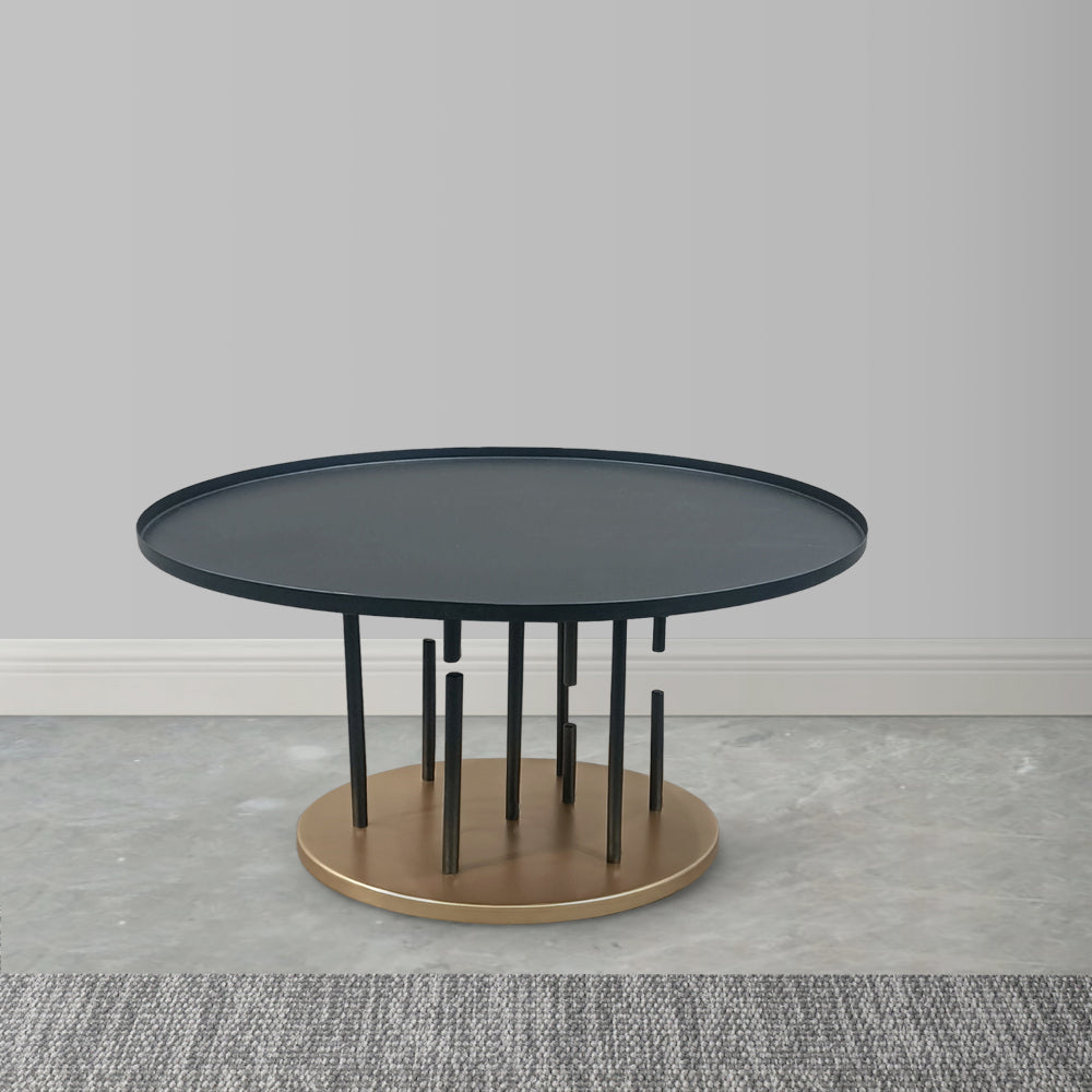 Neci 31 Inch Coffee Table Round Matte Black Tray Top Modern Rod Supports with Brass Base By The Urban Port UPT-298834