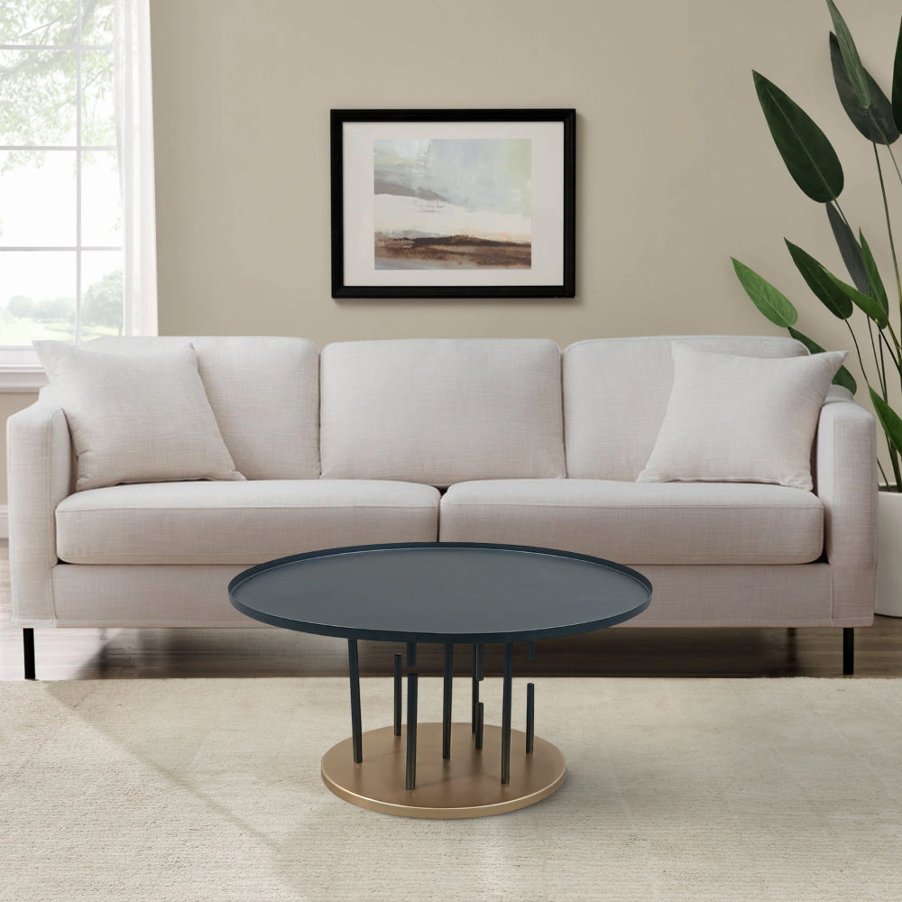 Neci 31 Inch Coffee Table Round Matte Black Tray Top Modern Rod Supports with Brass Base By The Urban Port UPT-298834