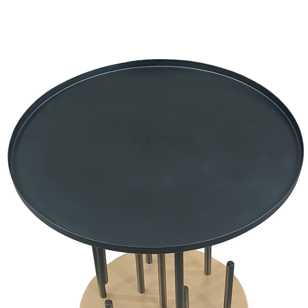 Neci 20 Inch Side End Table Round Matte Black Tray Top Modern Rod Supports with Brass Base By The Urban Port UPT-298835