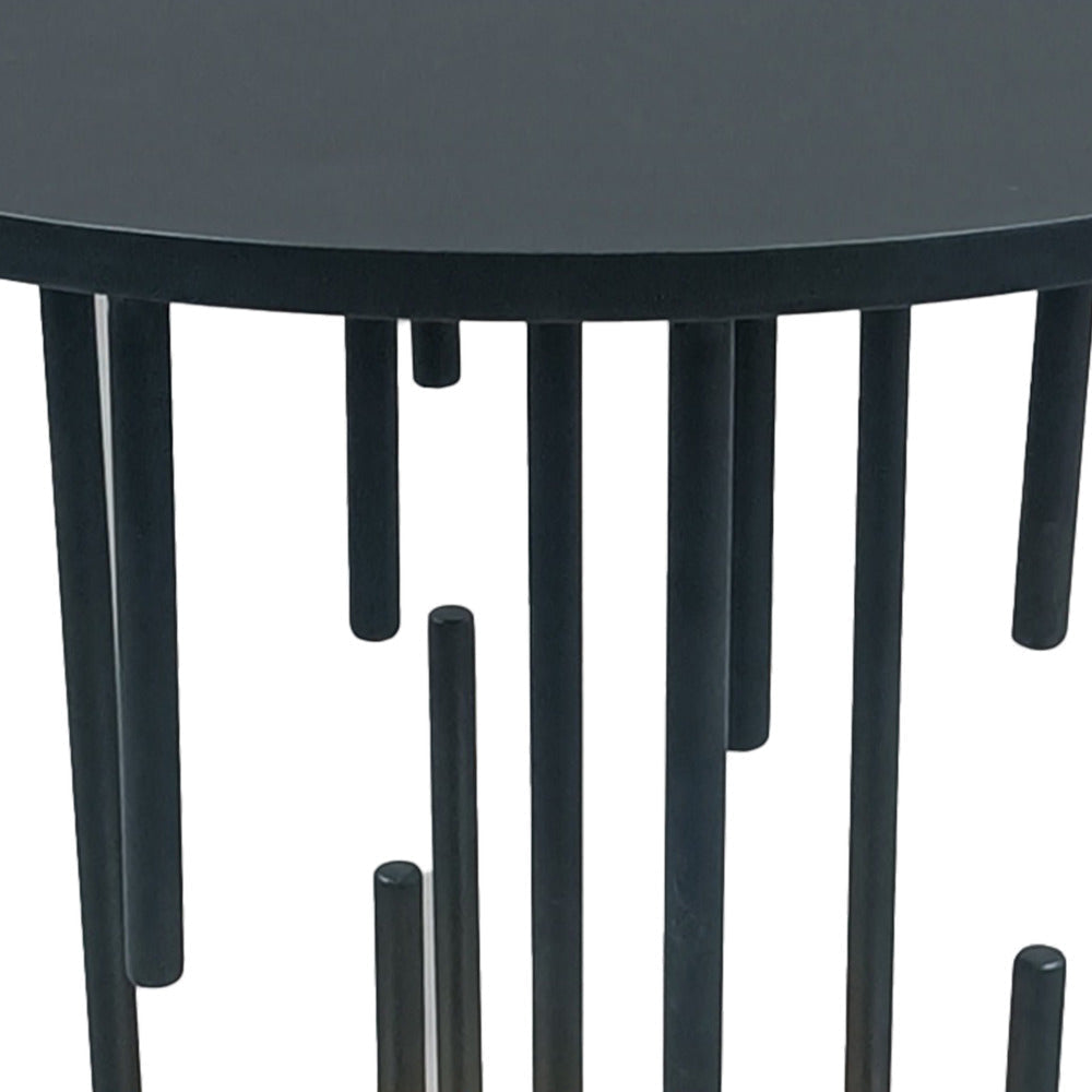 Neci 20 Inch Side End Table Round Matte Black Tray Top Modern Rod Supports with Brass Base By The Urban Port UPT-298835