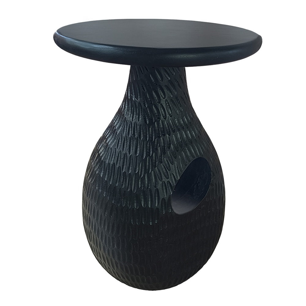 14 Inch Side End Table Artisan Handcrafted Mango Wood Embossed Teardrop Shaped Base Black The Urban Port UPT-299121