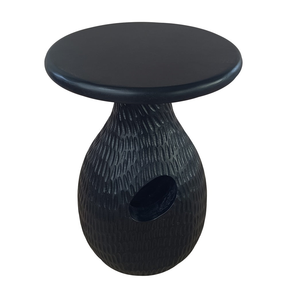 14 Inch Side End Table Artisan Handcrafted Mango Wood Embossed Teardrop Shaped Base Black The Urban Port UPT-299121