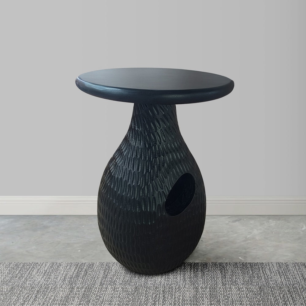 14 Inch Side End Table Artisan Handcrafted Mango Wood Embossed Teardrop Shaped Base Black The Urban Port UPT-299121