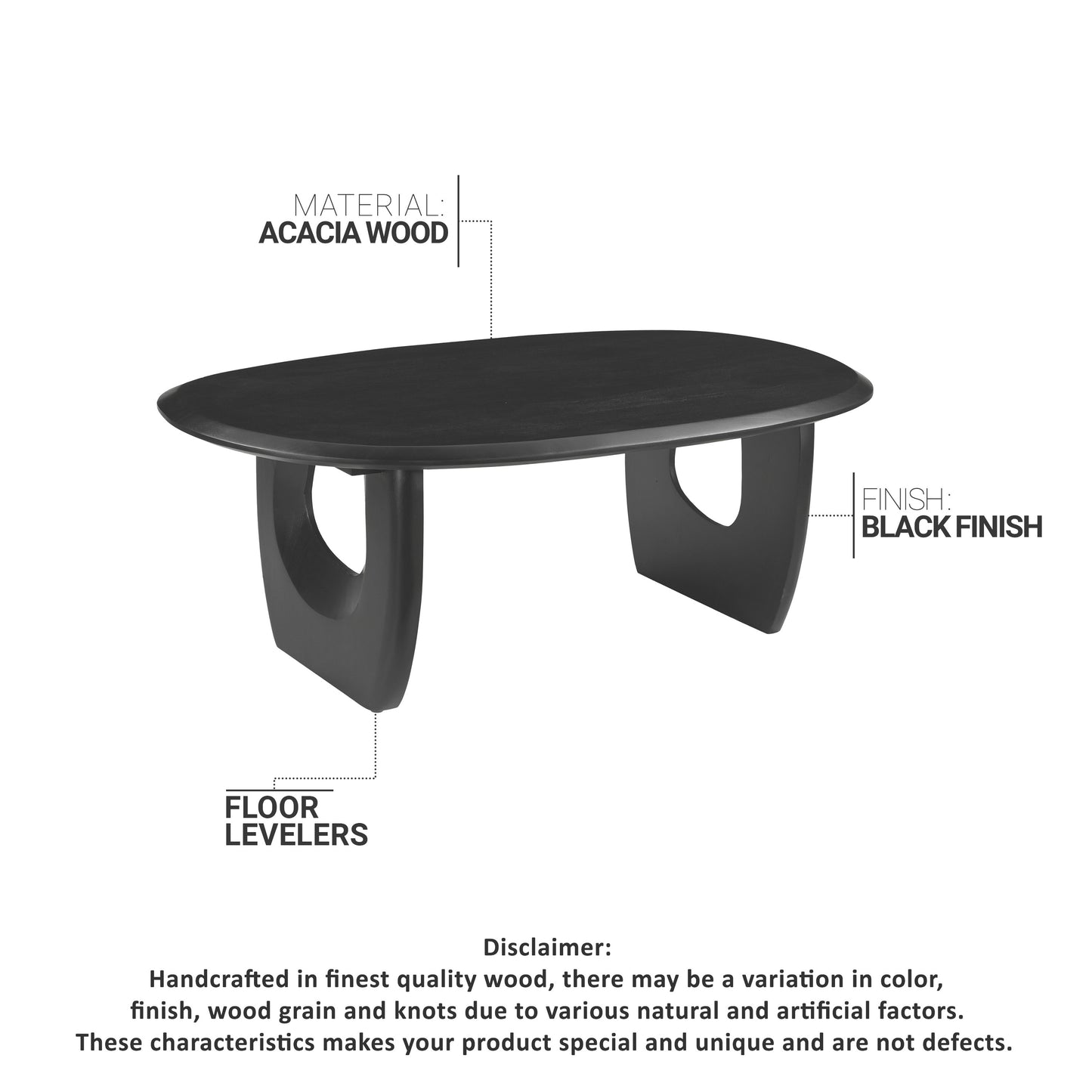 43 Inch Coffee Table Handcrafted Acacia Wood Cut Out Rounded Panel Legs Black The Urban Port UPT-299122