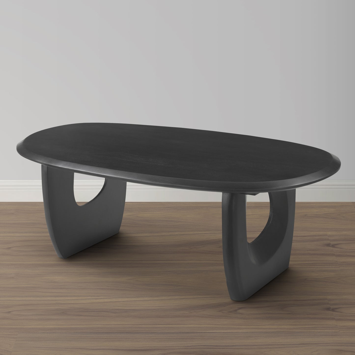 43 Inch Coffee Table Handcrafted Acacia Wood Cut Out Rounded Panel Legs Black The Urban Port UPT-299122