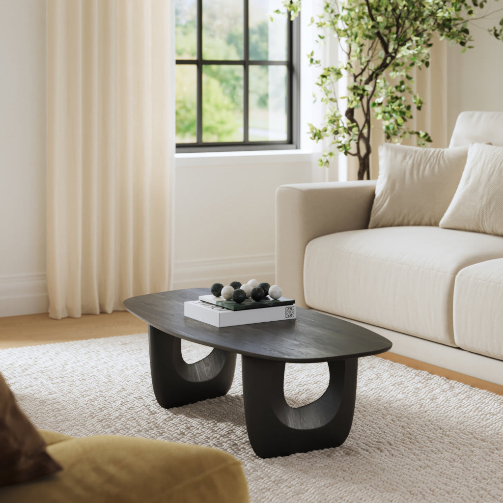 43 Inch Coffee Table Handcrafted Acacia Wood Cut Out Rounded Panel Legs Black The Urban Port UPT-299122