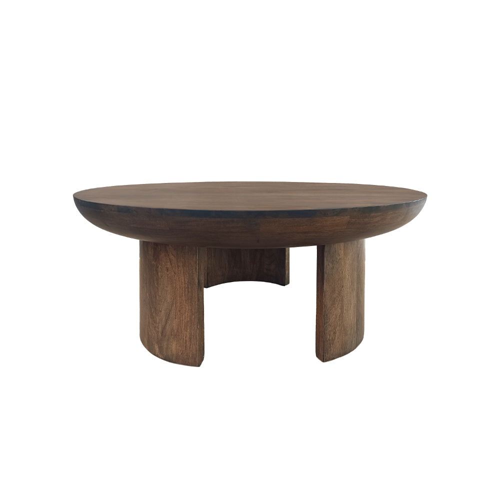 35 Inch Coffee Table Handcrafted Round Mango Wood Top Modern Curved Tripod Legs Walnut Brown The Urban Port UPT-299123